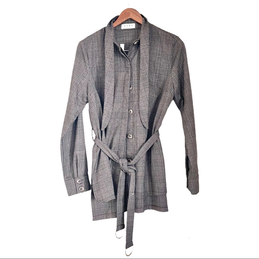 ELVI Dress Brown Micro Plaid Houndstooth Shirt Tunic Shacket Academia 8